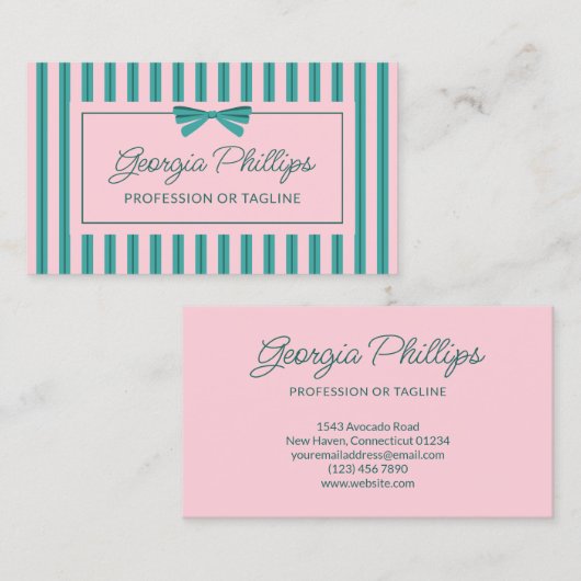 Teal & Pink Stripes & Bow Retro Visitenkarte (Vorne/Hinten)