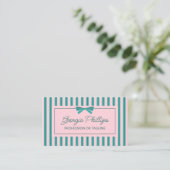 Teal & Pink Stripes & Bow Retro Visitenkarte (Stehend Vorderseite)