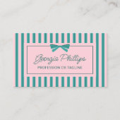 Teal & Pink Stripes & Bow Retro Visitenkarte (Vorderseite)