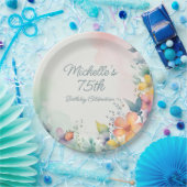 Teal Pink Yellow Pastel Floral 75th Birthday Pappteller (Party)
