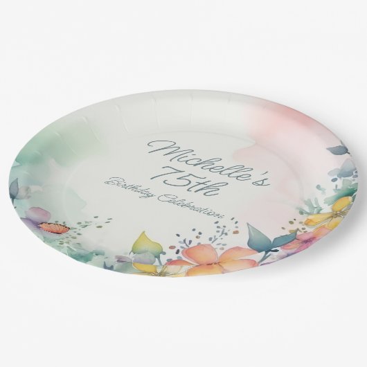 Teal Pink Yellow Pastel Floral 75th Birthday Pappteller (Schrägansicht)