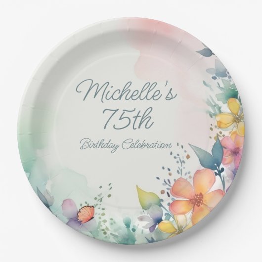 Teal Pink Yellow Pastel Floral 75th Birthday Pappteller (Vorderseite)