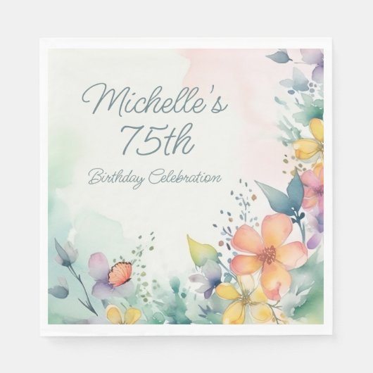 Teal Pink Yellow Pastel Floral 75th Birthday Serviette (Vorderseite)