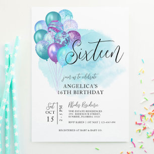 Teal Purple Balloons 16th Birthday Invitation Einladung