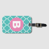 Teal Quatrefoil Pattern Custom Pink Monogram Gepäckanhänger (Vorderseite (Horizontal))