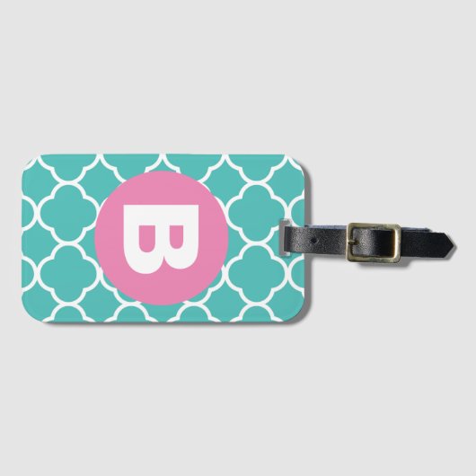 Teal Quatrefoil Pattern Custom Pink Monogram Gepäckanhänger (Vorderseite (Horizontal))