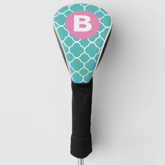 Teal Quatrefoil Pattern Custom Pink Monogram Golf Headcover (Vorderseite)