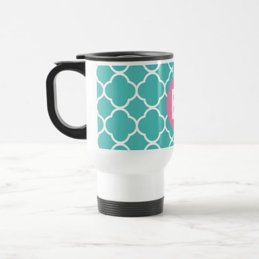 Teal Quatrefoil Pattern Custom Pink Monogram Reisebecher (Links)