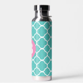 Teal Quatrefoil Pattern Custom Pink Monogram Trinkflasche (Links)