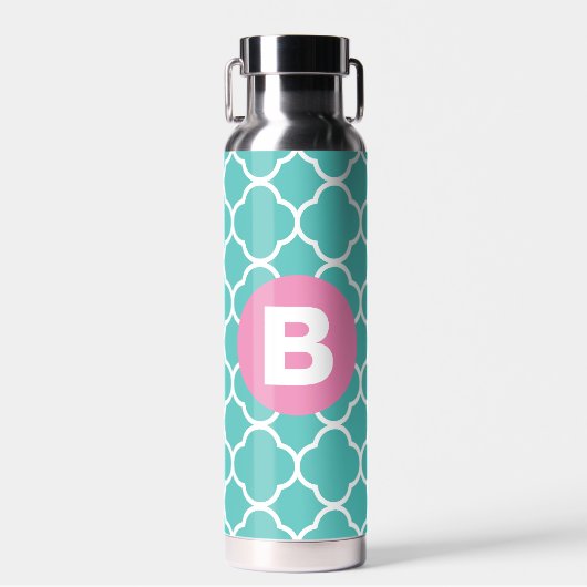 Teal Quatrefoil Pattern Custom Pink Monogram Trinkflasche (Vorne)