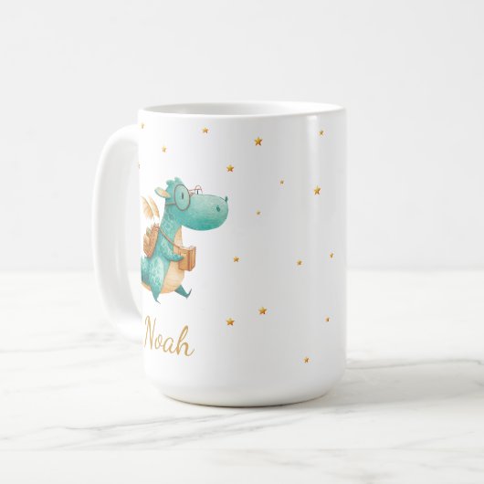 Teal Reading Dragon Mug – Personalized Boys’ Name Kaffeetasse (Vorderseite Links)