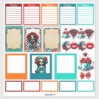 Teal Red Roses Sugar Skulls Set 2 Planner Stickers Aufkleber