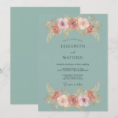Teal Rose Blütenhochzeit Einladung (Vorne/Hinten)