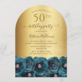 Teal Rose Floral Gold 50th Birthday Party Einladung (Vorderseite)