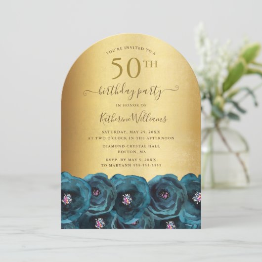 Teal Rose Floral Gold 50th Birthday Party Einladung (Stehend Vorderseite)