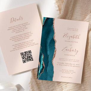 Teal Rose Gold Achat Blush Pink QR-Code Hochzeit Einladung