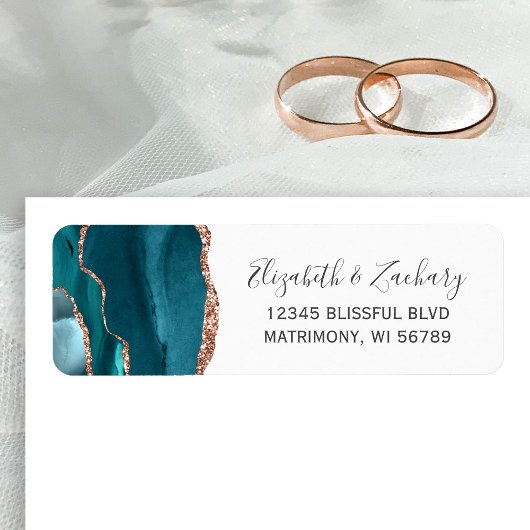 Teal Rose Gold Agate Wedding Return Address