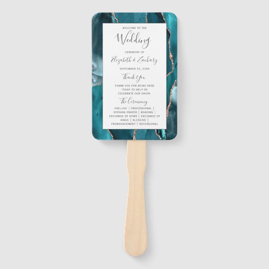Teal Rose Gold Agate White Wedding Program Fächer (Vorderseite)