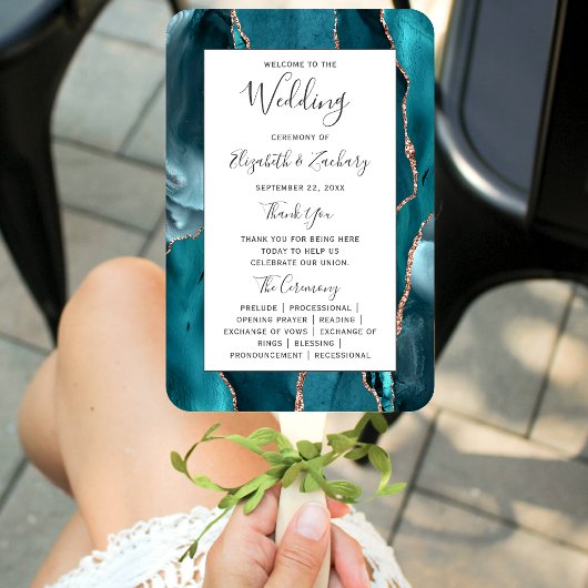 Teal Rose Gold Agate White Wedding Program Fächer