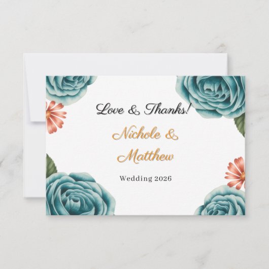 Teal Rose & Orange Daisy Wedding  Dankeskarte (Vorderseite)