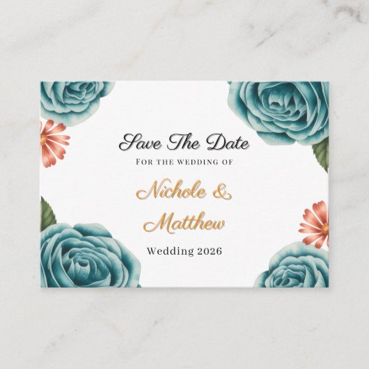 Teal Rose & Orange Daisy  Wedding Save The Date Begleitkarte (Vorderseite)
