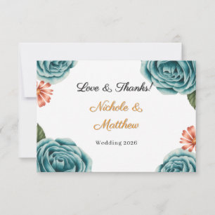 Teal-Rose und orangefarbene Daisy-Hochzeit Dankeskarte