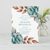 Teal Roses and Bronze Leaves Bridesmaids Luncheon Einladung (Stehend Vorderseite)