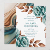 Teal Roses and Bronze Leaves Bridesmaids Luncheon Einladung (Vorne/Hinten)