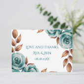 Teal Roses and Bronze Leaves Wedding Dankeskarte (Stehend Vorderseite)