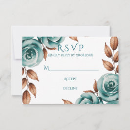 Teal Roses and Bronze Leaves Wedding RSVP Karte