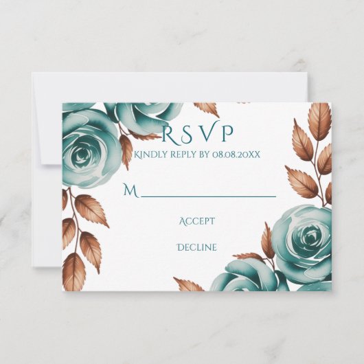 Teal Roses and Bronze Leaves Wedding RSVP Karte (Vorderseite)