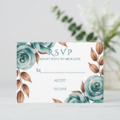 Teal Roses and Bronze Leaves Wedding RSVP Karte (Stehend Vorderseite)