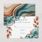 Teal Roses and Bronze Leaves Wedding RSVP Karte (Vorne/Hinten)