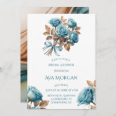 Teal Roses and Copper Leaves Bridal Shower Einladung (Vorne/Hinten)