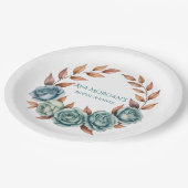 Teal Roses and Copper Leaves Bridal Shower Pappteller (Schrägansicht)