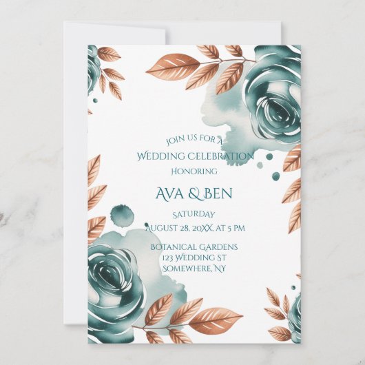 Teal Roses and Copper Leaves Wedding Celebration  Einladung (Vorderseite)