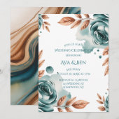 Teal Roses and Copper Leaves Wedding Celebration  Einladung (Vorne/Hinten)