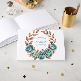 Teal Roses and Copper Leaves Wedding Gästebuch