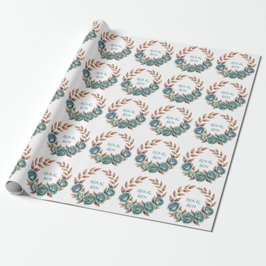 Teal Roses and Copper Leaves Wedding Geschenkpapier (Ungerollt)