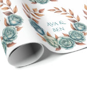 Teal Roses and Copper Leaves Wedding Geschenkpapier (Rolleneckpunkt)