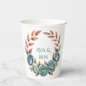 Teal Roses and Copper Leaves Wedding Pappbecher (Rückseite)