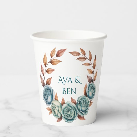 Teal Roses and Copper Leaves Wedding Pappbecher (Rückseite)
