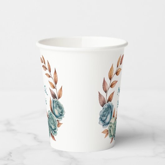 Teal Roses and Copper Leaves Wedding Pappbecher (Links)