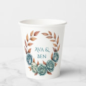 Teal Roses and Copper Leaves Wedding Pappbecher (Vorderseite)