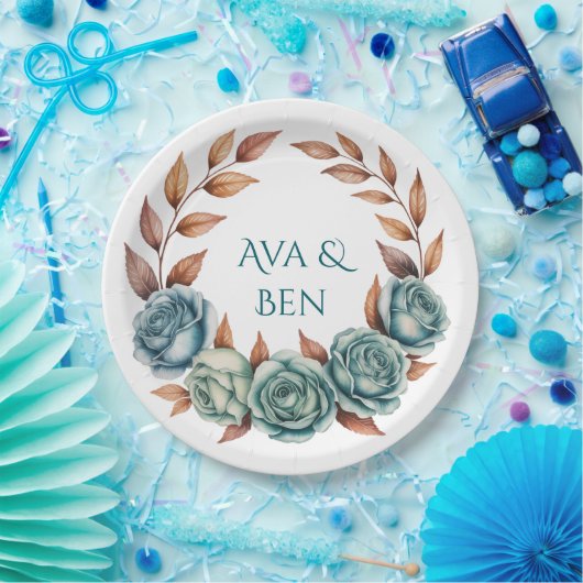 Teal Roses and Copper Leaves Wedding Pappteller (Party)