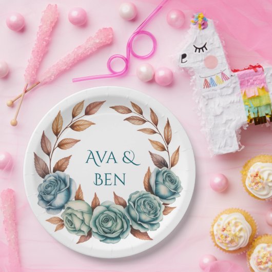 Teal Roses and Copper Leaves Wedding Pappteller (Party)