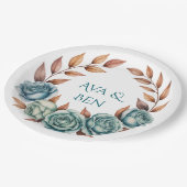 Teal Roses and Copper Leaves Wedding Pappteller (Schrägansicht)