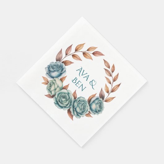 Teal Roses and Copper Leaves Wedding Serviette (Ecke)