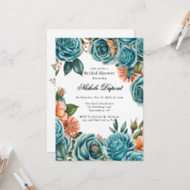 Teal Roses and Orange Floral Bridal Shower Einladung