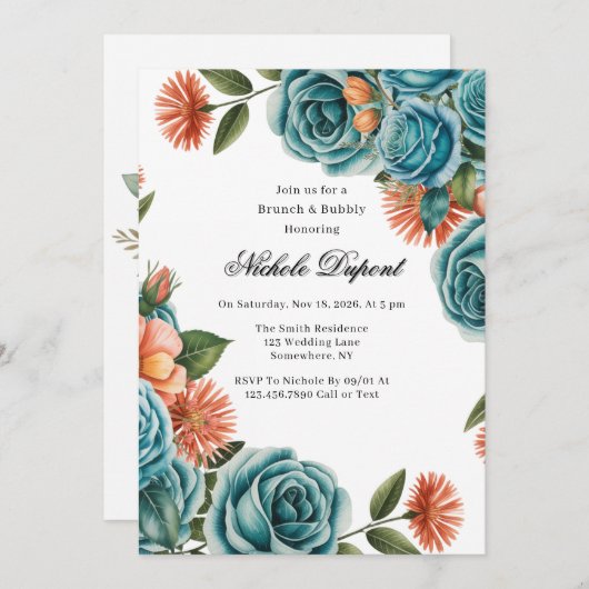 Teal Roses and Orange Floral Brunch & Bubbly Einladung (Vorne/Hinten)